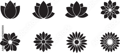 Minimalist black floral icon set – hand-drawn silhouettes of lotus and daisy-inspired flowers for decorative design, branding visuals, and nature-themed graphics.