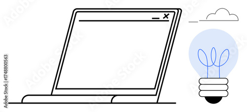 Minimalist laptop outline and glowing lightbulb with plant-thumbs up filament represent technology and green innovation. Ideal for sustainability, creativity, technology, eco-friendly design