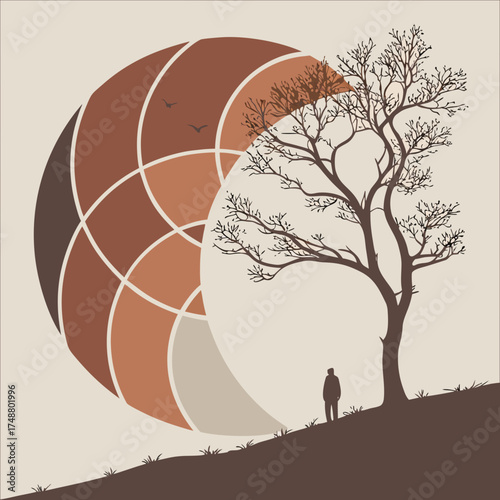 Minimalist illustration of a lone silhouette person standing beneath a bare tree with a large abstract circular design and flying birds in a muted color palette