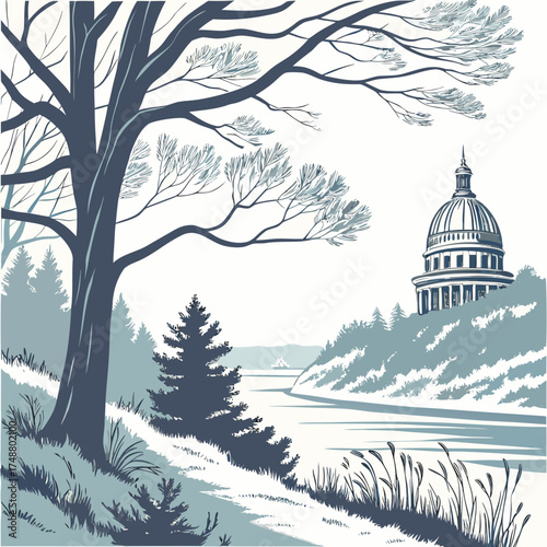 Stylized winter landscape featuring a prominent bare tree in the foreground and the united states capitol building in the distance overlooking a frozen body of water