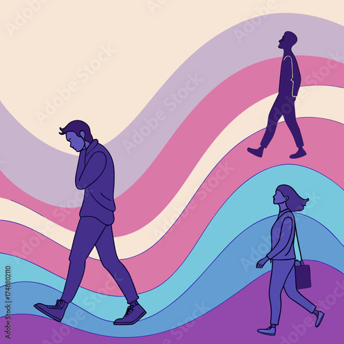 Three diverse individuals walk along colorful wavy paths representing different life journeys and individual paths forward