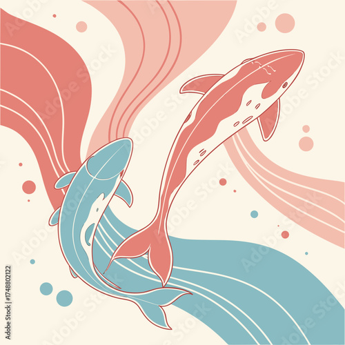 Two stylized fish swimming in opposite directions with flowing water elements and abstract circles in a minimalist art style