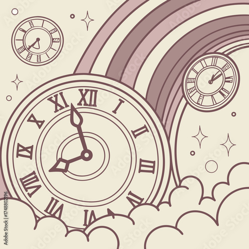 Whimsical vintage clocks floating among soft clouds and a pastel rainbow with sparkling stars in a dreamlike sky