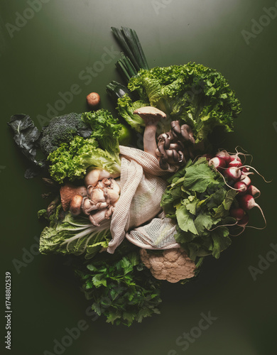 Fresh vegetables on dark green surface showcasing vibrant colors and textures in natural setting