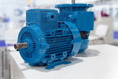 Close up new electric 3 phase induction motor on the exhibition stand