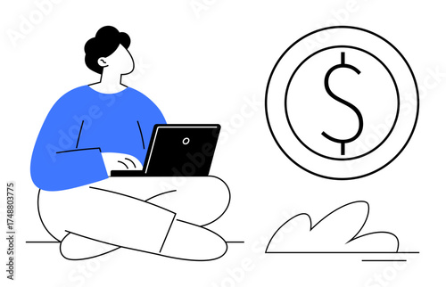 Person sitting cross-legged, typing on a laptop next to a large dollar sign coin. Ideal for freelance work, remote job, financial planning, earning potential, savings, online business, simple flat