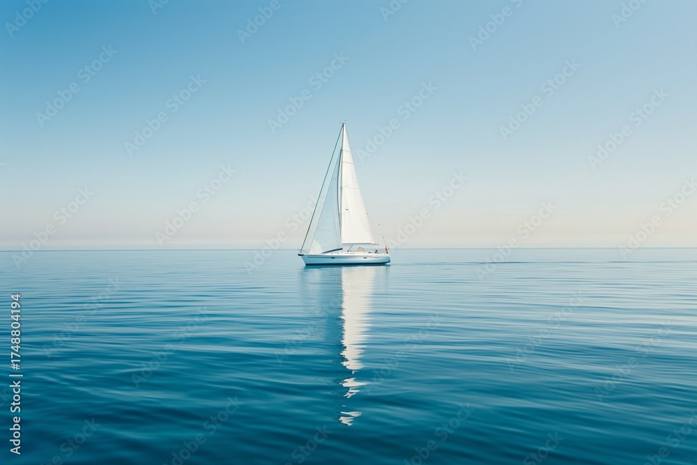Obraz premium Single white yacht sailing on calm flat ocean, minimal clear blue background, simple travel design.