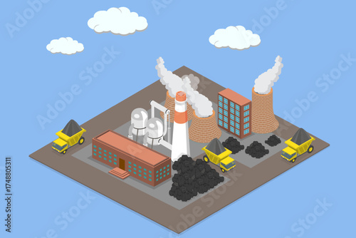3D Isometric Flat Vector Illustration of Coal Fired Power Plant, Coal Being Transported By Dump Trucks for Processing