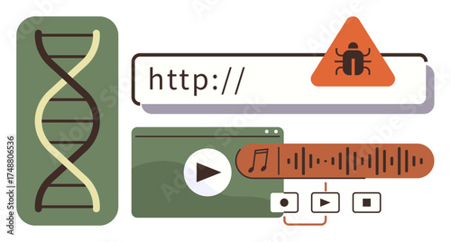 DNA helix image emphasizes biological data cybersecurity alert signals website vulnerabilities icons for media highlight digital content. Ideal for data breaches, science-technology connection