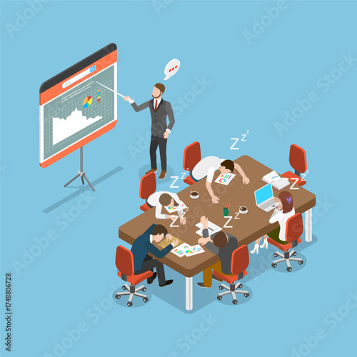 3D Isometric Flat Vector Illustration of Bored Meeting, Lackluster Businesspeople During Meetings Or Presentations