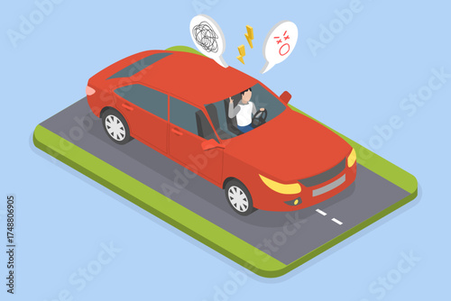 3D Isometric Flat Vector Illustration of Angry Driver, Furious Motorist