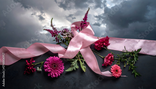 Dramatic floral arrangement with a pink ribbon under a stormy sky.