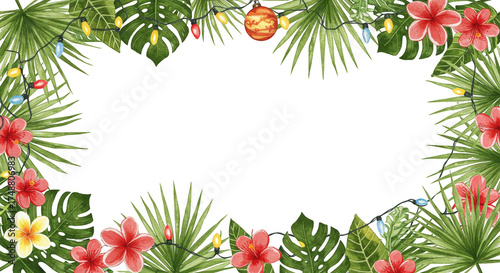 Tropical Christmas frame illustration with red hibiscus flowers and pine needles