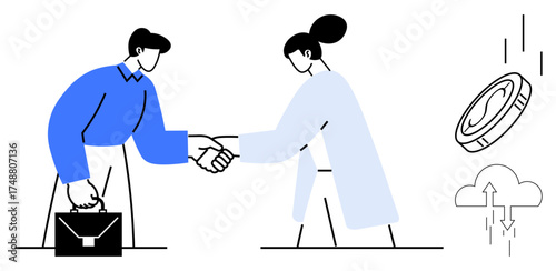 Two individuals shaking hands signaling agreement, trust, or partnership. Floating coin and cloud graphic represent finance, investment, and technology. Ideal for business, collaboration, success