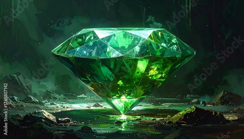 A vibrant, large emerald-green diamond rests in a shadowy, rocky landscape, bathed in ethereal light.