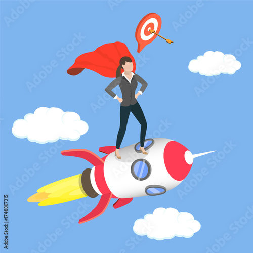 3D Isometric Flat Vector Illustration of Brave Superhero Woman, Business Startup