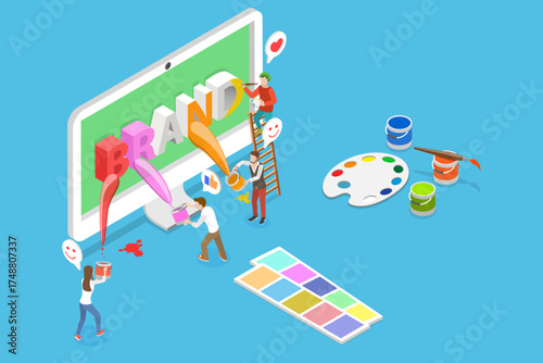 3D Isometric Flat Vector Illustration of Rebranding, Creating A Brand Name For A Product, Company, Or Service Through Strategic Planning And Creativity.