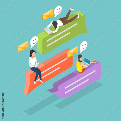 3D Isometric Flat Vector Illustration of Digital Conversation, Chat Friend Messages