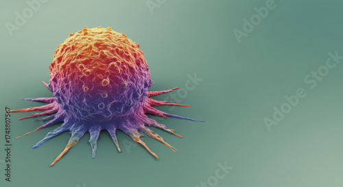 Rendered illustration of a vibrant cancer cell in close up view. Oncology research and medical education concept.