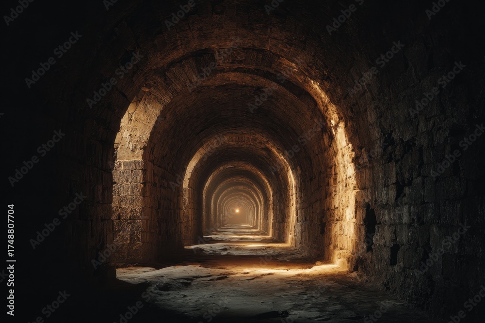 Fototapeta premium Mysterious Ancient Stone Tunnel With Golden Light At The End