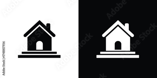 Home Icon Silhouette Vector, House Shape with Chimney in Black and White Colors