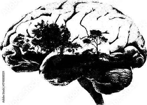 Surreal brain landscape with trees silhouette stencil art design