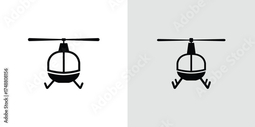 Isolated Black Helicopter Icon with Rotor and Landing Gear on White and Grey