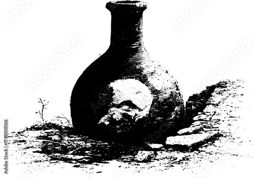 Ancient broken amphora in black and white stencil art style