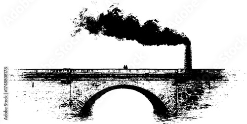 Urban bridge silhouette with smoke in black and white stencil art for vintage design