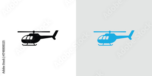 Isolated Helicopter Icon in Blue and Black on Split White and Light Gray Backgrounds