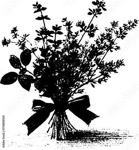 Black and white stencil of dried herb bouquet for vintage design