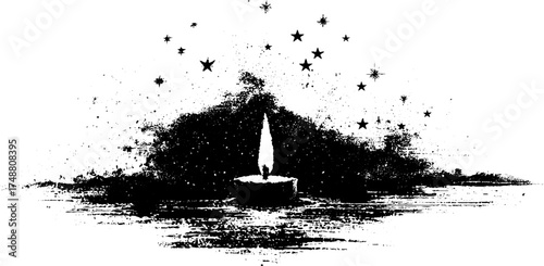 Celestial candle silhouette with stars - boho grunge design for decor and print