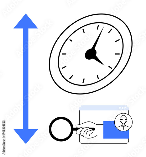 Clock representing time, magnifying glass over user profile on a webpage, and directional arrow indicating growth. Ideal for productivity, time tracking, search, optimization, planning, improvement