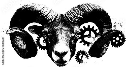 Black and white capricorn stencil illustration with mechanical elements
