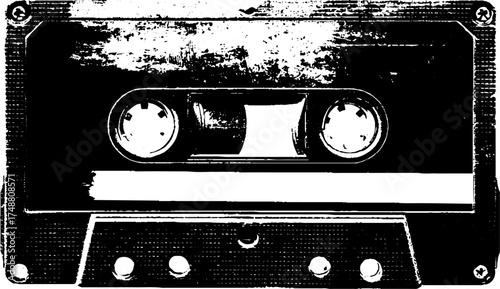 Retro cassette tape silhouette with unraveled film for vintage music design