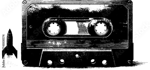 Vintage cassette tape silhouette with rocket icon for retro music and album design