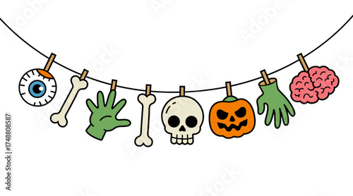 Halloween garland vector with skull, bones, zombie hands, pumpkin, brain, and eyeball. Halloween spooky elements for party banner, poster, greeting card, festive design. Halloween cartoon character