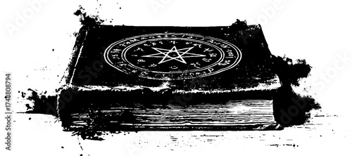 Mystical grungy book design in black and white stencil art for posters or cards