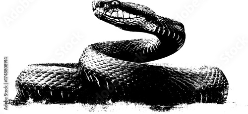 Coiled serpent silhouette in black and white stencil art