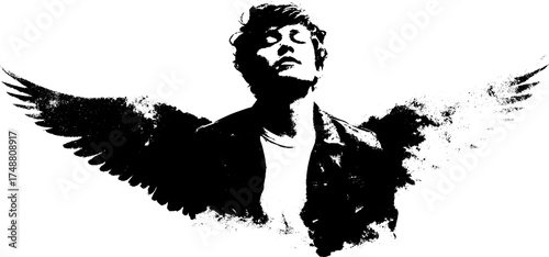 Black and white urban silhouette of winged figure with ink spatter texture
