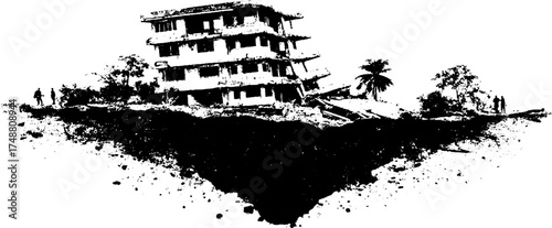 Urban decay: black and white stencil of a collapsed building silhouette