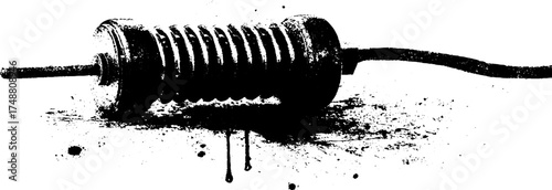 Black and white coiled wire stencil illustration featuring ink spatter and grunge texture