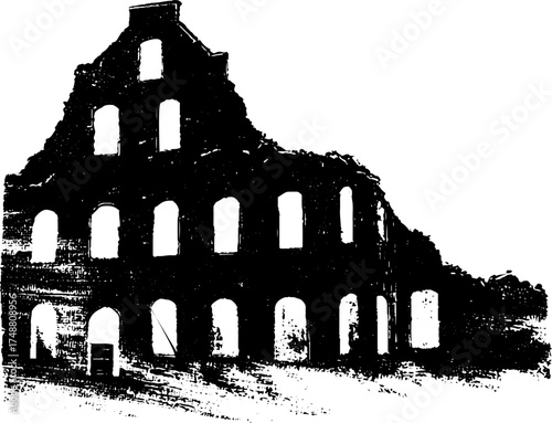 Black and white stencil art of a collapsed building ruins for urban design projects