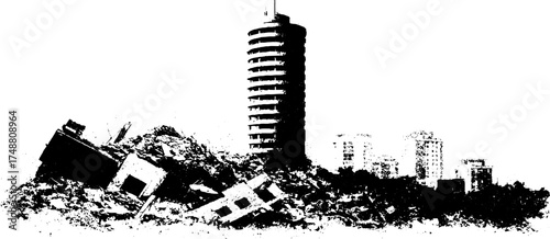 Urban decay: collapsed building silhouette in black and white stencil design