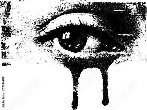 Ethereal cosmic eye dripping in black and white stencil art design for posters