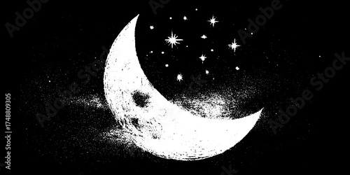 Enchanting crescent moon with stars - celestial black and white design for artistic decor
