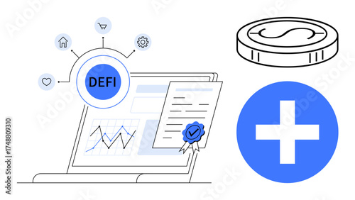 Laptop displaying charts with a certified document, surrounded by decentralized finance icons and a digital coin. Ideal for finance, cryptocurrency, technology, innovation, investment, blockchain