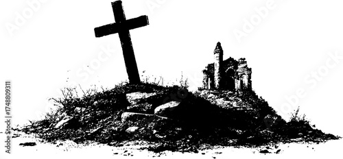 Monochrome stencil art of leaning cross with ruins for spiritual and artistic design