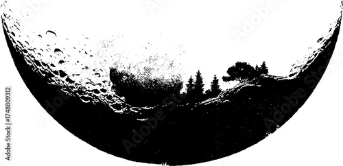 Black and white stencil art of crescent moon with nature silhouette for design projects