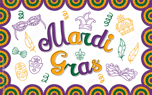 Mardi Gras cartoon vector set with hand drawn lettering and holiday symbols isolated on white. Throve Tuesday colorful collection